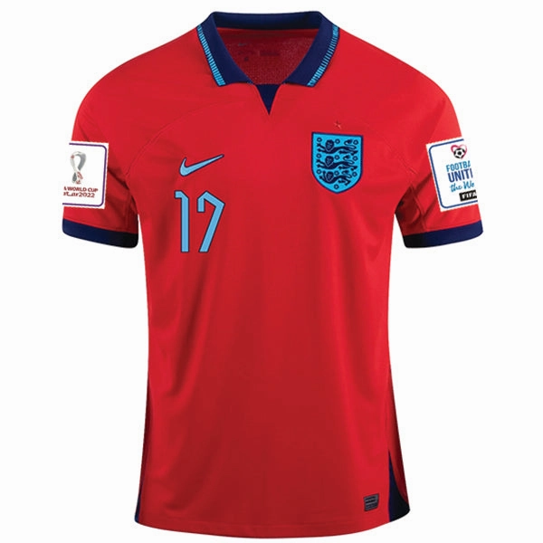 Sun Protection Fabric Temperature Regulating Material Nike England Bukayo Saka Away Jersey 22/23 w/ World Cup 2022 Patches (Challenge Red/Blue Void)