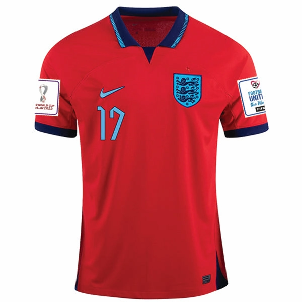 Nike England Bukayo Saka Away Jersey 22/23 w/ World Cup 2022 Patches (Challenge Red/Blue Void) UV Protection Stretch Fit Fabric