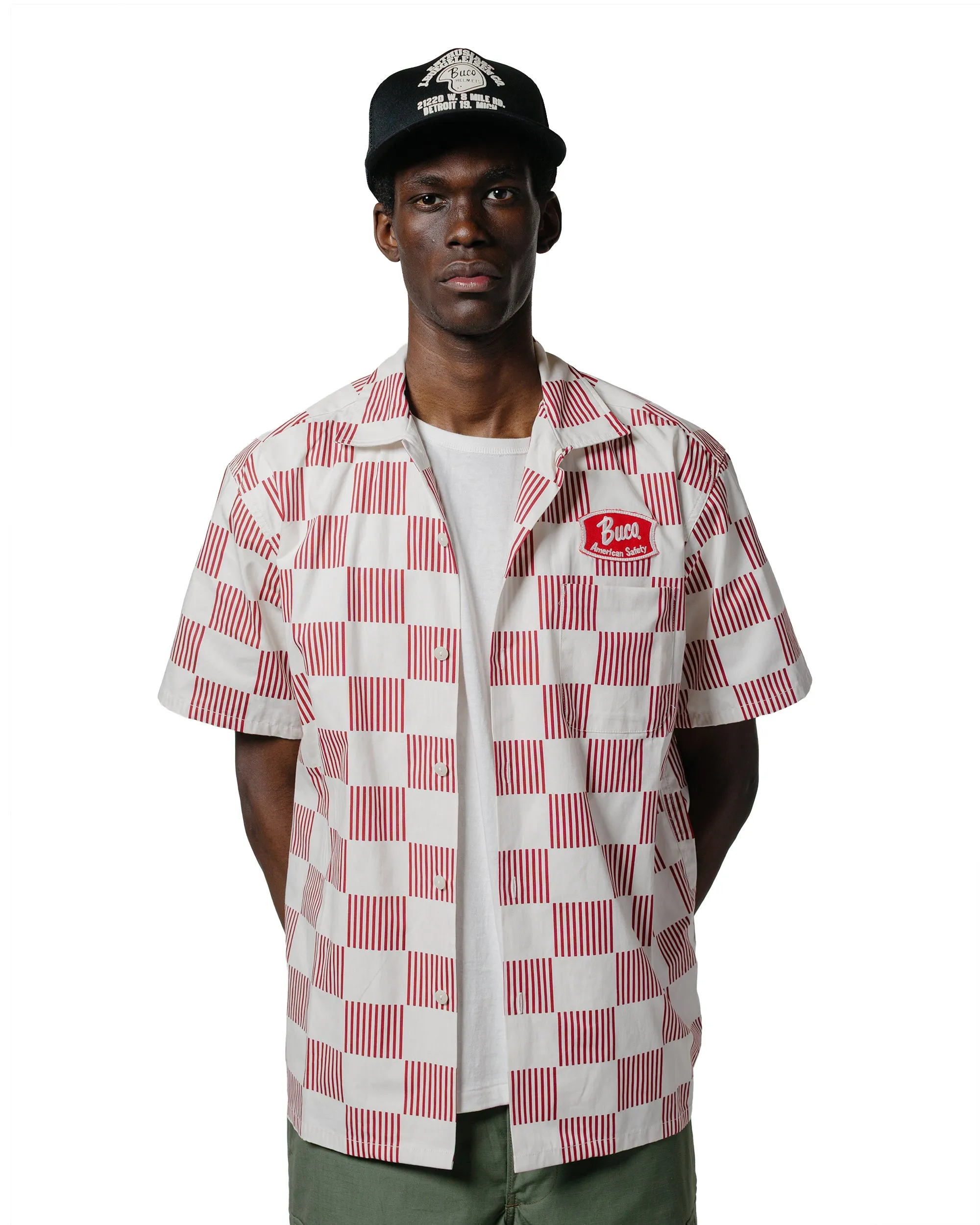 The Real McCoy's BS25002 Buco Striped-Checkered Shirt White/Red Comfort Wear Black Tie Optional