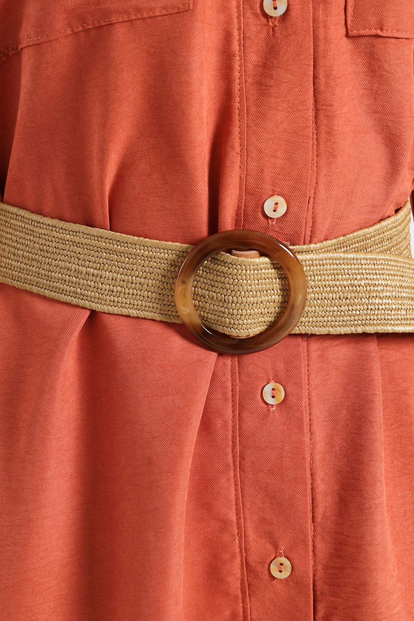 Holiday Wear Bodycon-Fit 3/4 Sleeve Raffia Belt Midaxi Shirt Dress - Terracotta