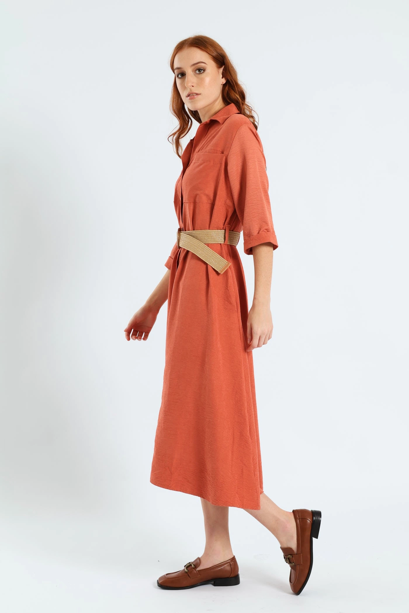 Lounge Vibes 3/4 Sleeve Raffia Belt Midaxi Shirt Dress - Terracotta