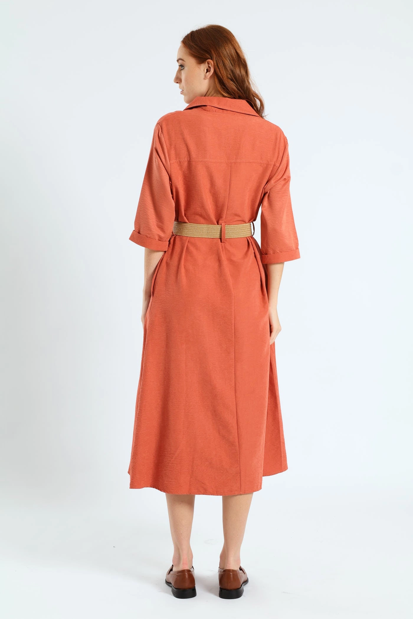 Classic Vibe Square-Neck 3/4 Sleeve Raffia Belt Midaxi Shirt Dress - Terracotta