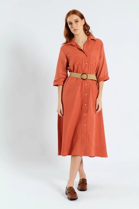Convertible-Style 3/4 Sleeve Raffia Belt Midaxi Shirt Dress - Terracotta