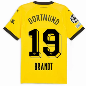 Puma Borussia Dortmund Authentic Julian Brandt Home Jersey w/ Champions League Patches 23/24 (Cyber Yellow/Puma Black) Vented Panels Double Layered Edge Reinforcement