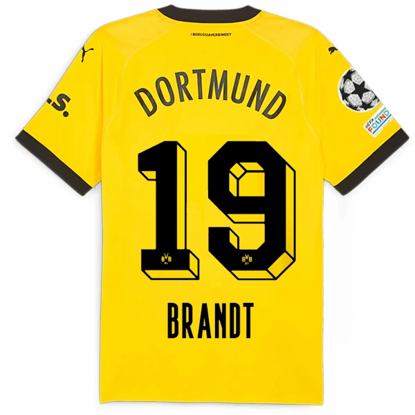 Puma Borussia Dortmund Authentic Julian Brandt Home Jersey w/ Champions League Patches 23/24 (Cyber Yellow/Puma Black) Vented Panels Double Layered Edge Reinforcement