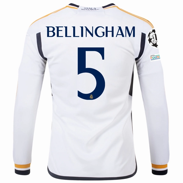 Core Feel adidas Real Madrid Long Sleeve Jude Bellingham Home Jersey w/ Champions League   Club World Cup Patches 23/24 (White)