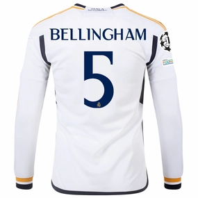 Gym Ready Relaxed Silhouette adidas Real Madrid Long Sleeve Jude Bellingham Home Jersey w/ Champions League   Club World Cup Patches 23/24 (White)