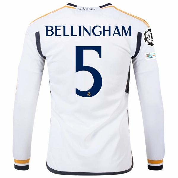Gym Ready Relaxed Silhouette adidas Real Madrid Long Sleeve Jude Bellingham Home Jersey w/ Champions League   Club World Cup Patches 23/24 (White)
