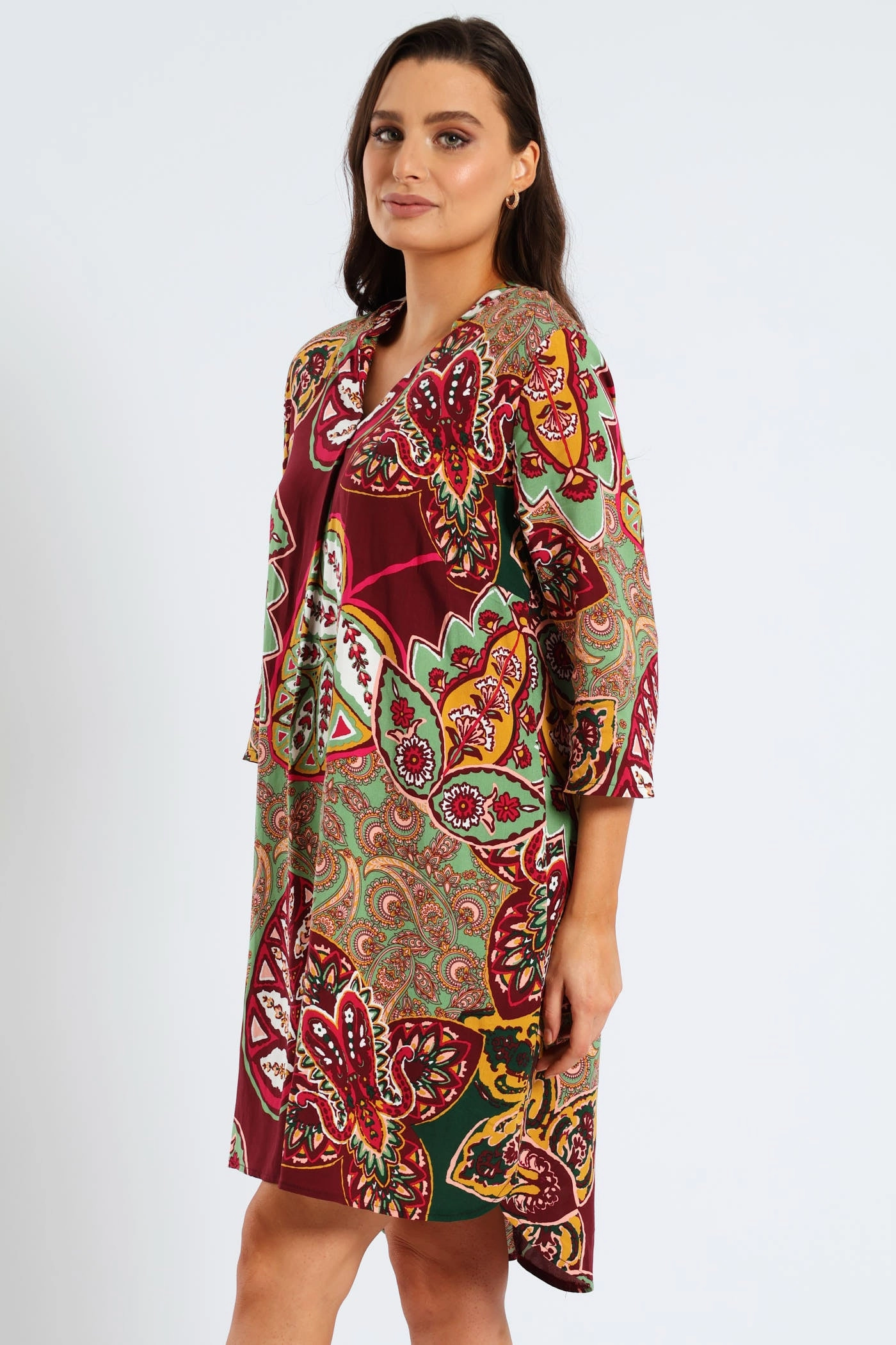 Chic Style Mandarin Collar Pleat Front Printed Shift Dress - Multi