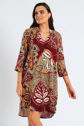 Minimalist Layering Smart Blend Mandarin Collar Pleat Front Printed Shift Dress - Multi