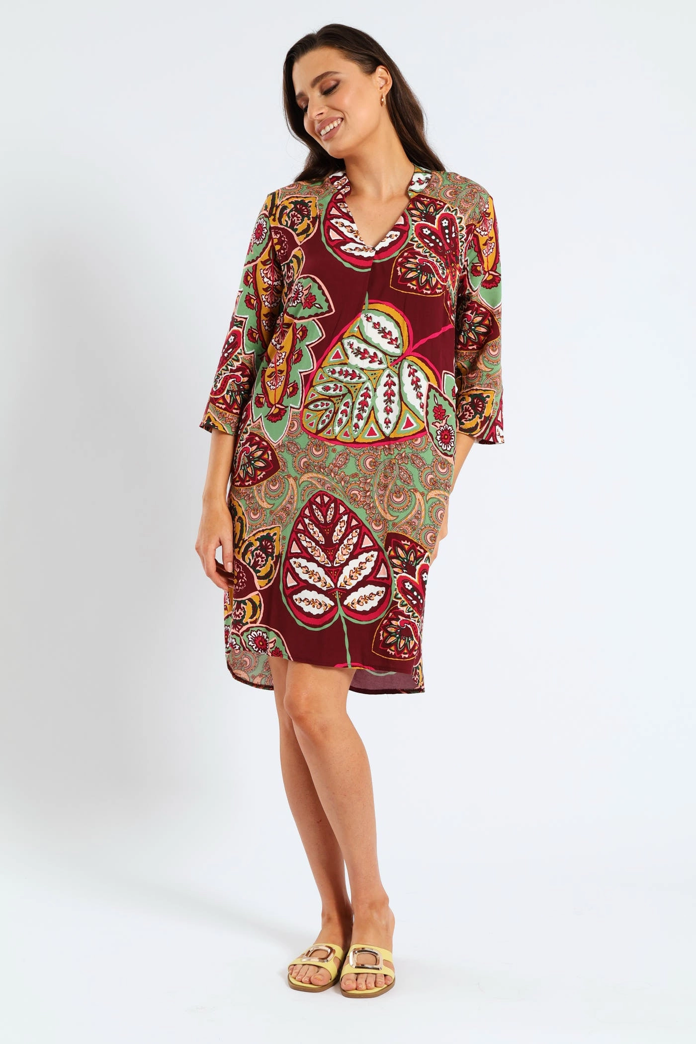 Mandarin Collar Pleat Front Printed Shift Dress - Multi Quiet Glow