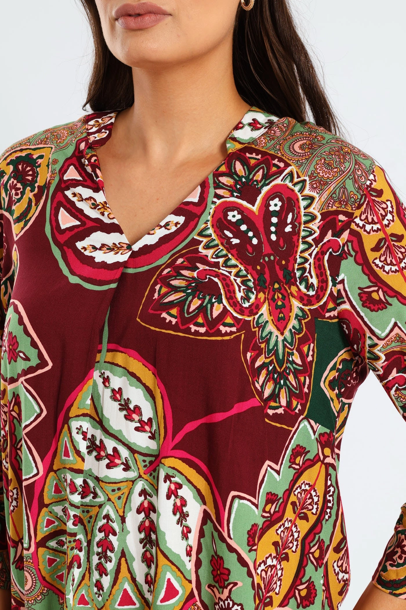 Mandarin Collar Pleat Front Printed Shift Dress - Multi Gentle Shine
