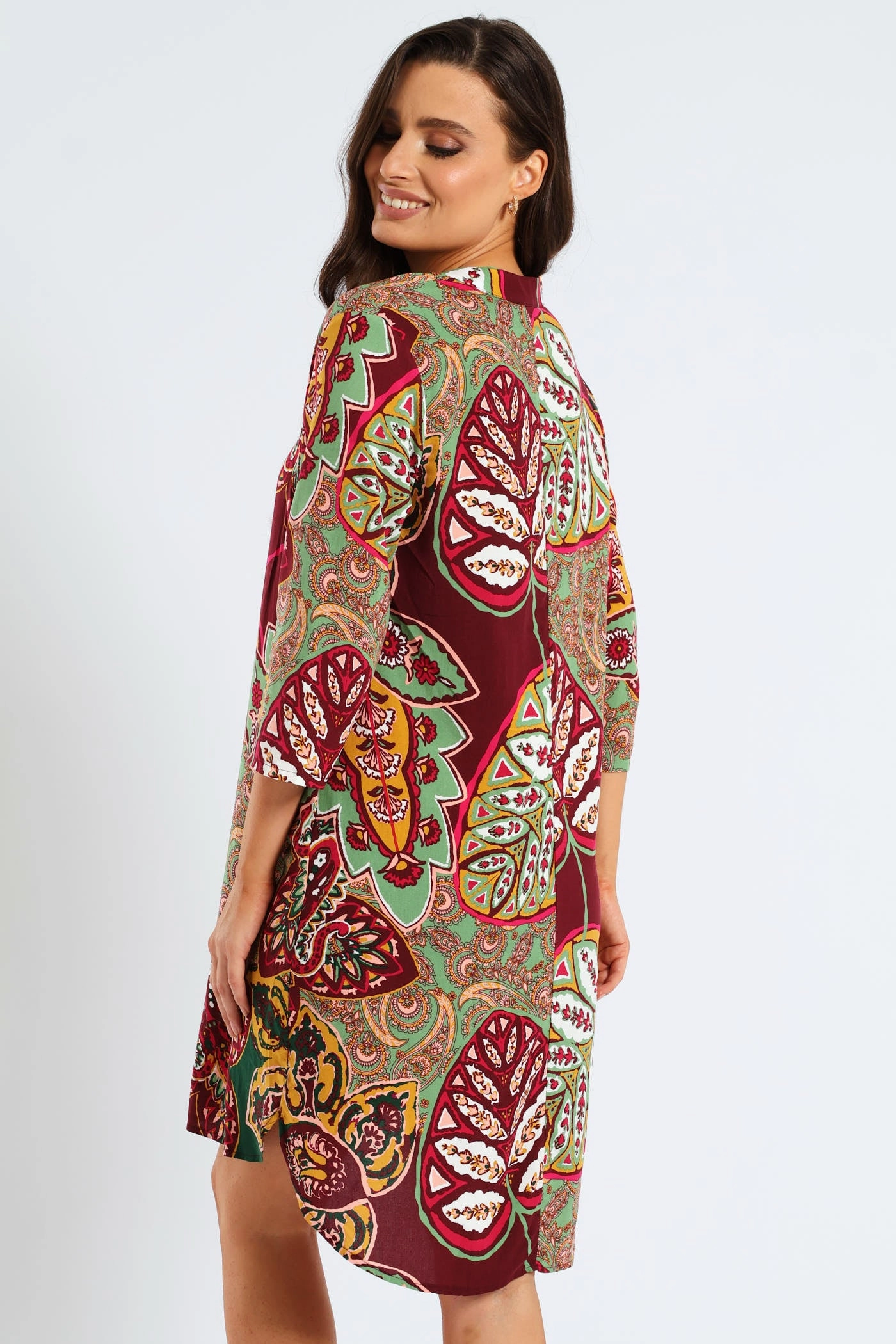 Stylish day dress Mandarin Collar Pleat Front Printed Shift Dress - Multi