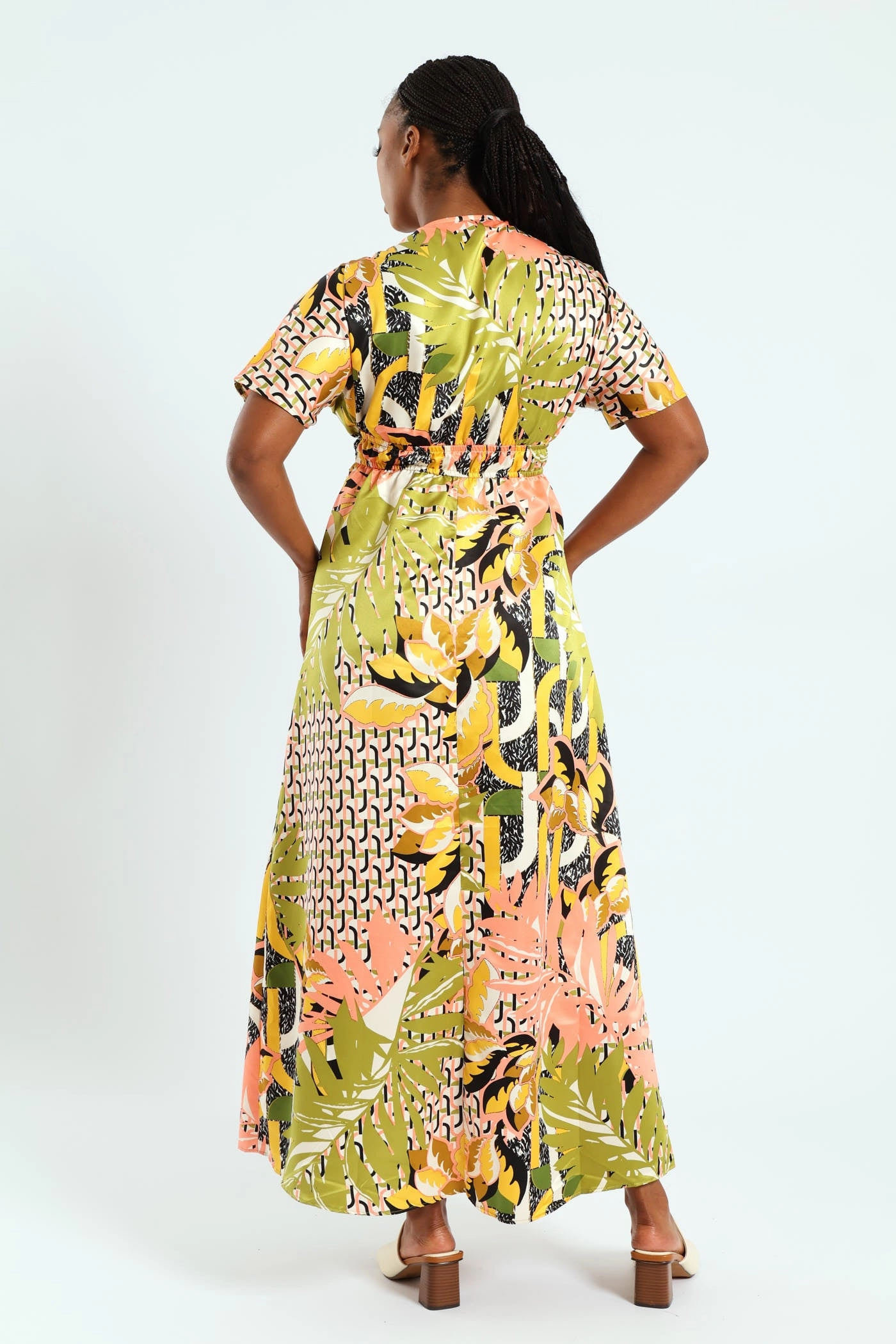 Short Sleeve V-Neck Shirred Waist Printed Satin Maxi Dress - Multi Sleek Presence Unique Cut