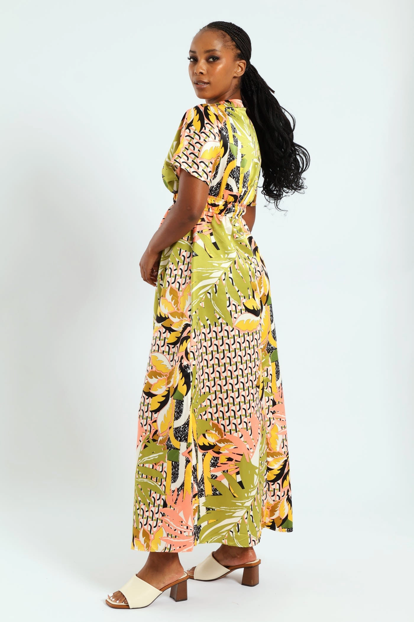 Soft Feel Light Weight Short Sleeve V-Neck Shirred Waist Printed Satin Maxi Dress - Multi