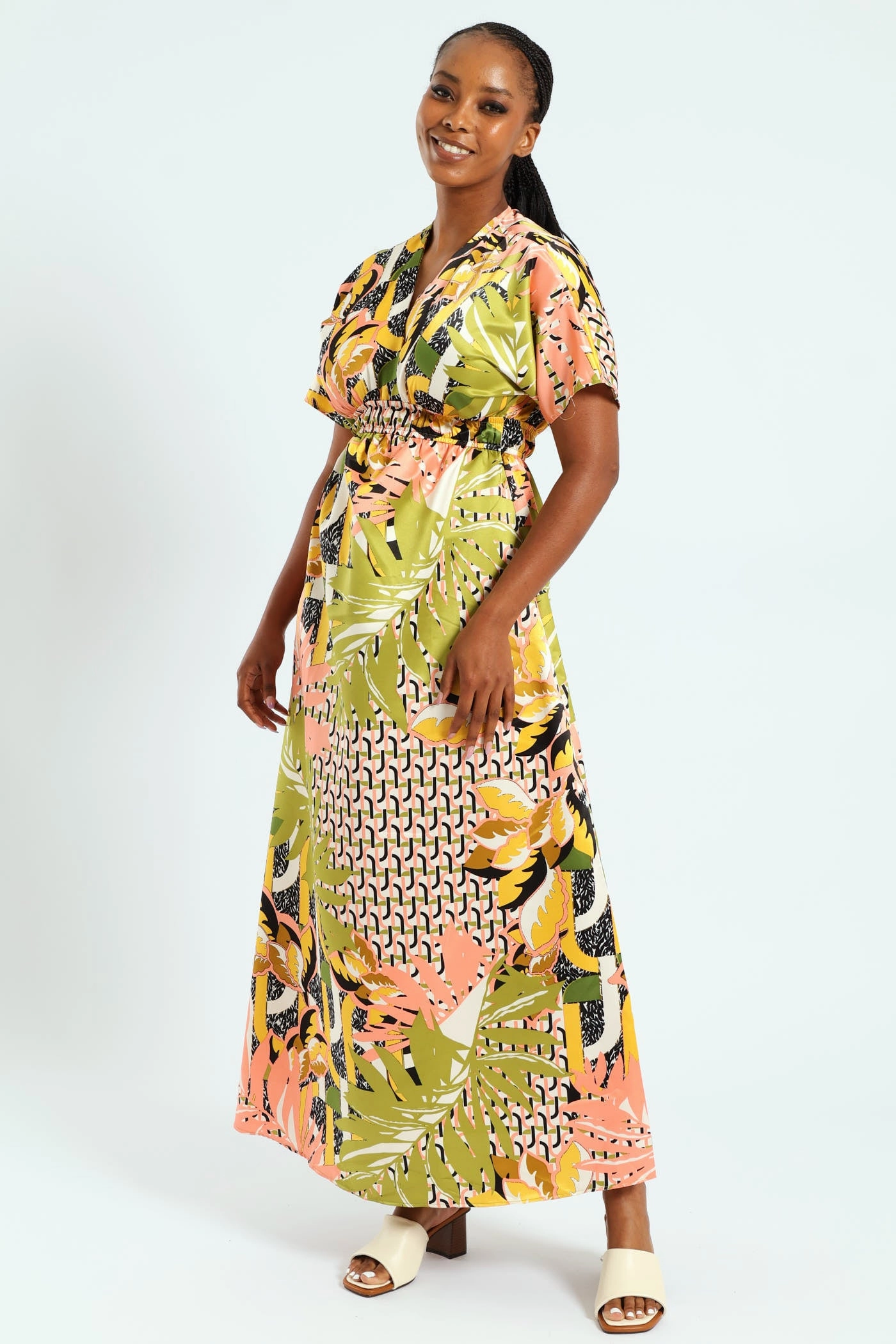 Short Sleeve V-Neck Shirred Waist Printed Satin Maxi Dress - Multi Happy Fit