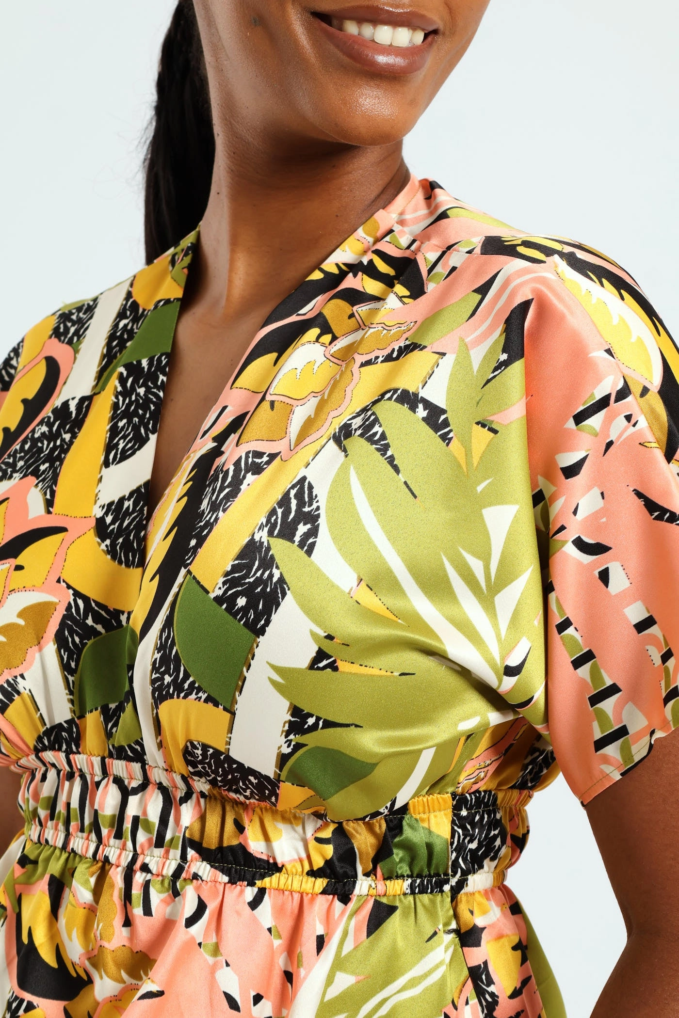 Short Sleeve V-Neck Shirred Waist Printed Satin Maxi Dress - Multi Pure Look Nature Bloom