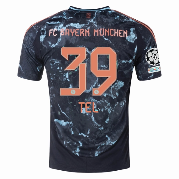 adidas Bayern Munich Authentic Mathys Tel Away Jersey w/ Champions League Patches 24/25 (Black/Copper/Blue) Hollow Core Fiber Non Restrictive Armholes