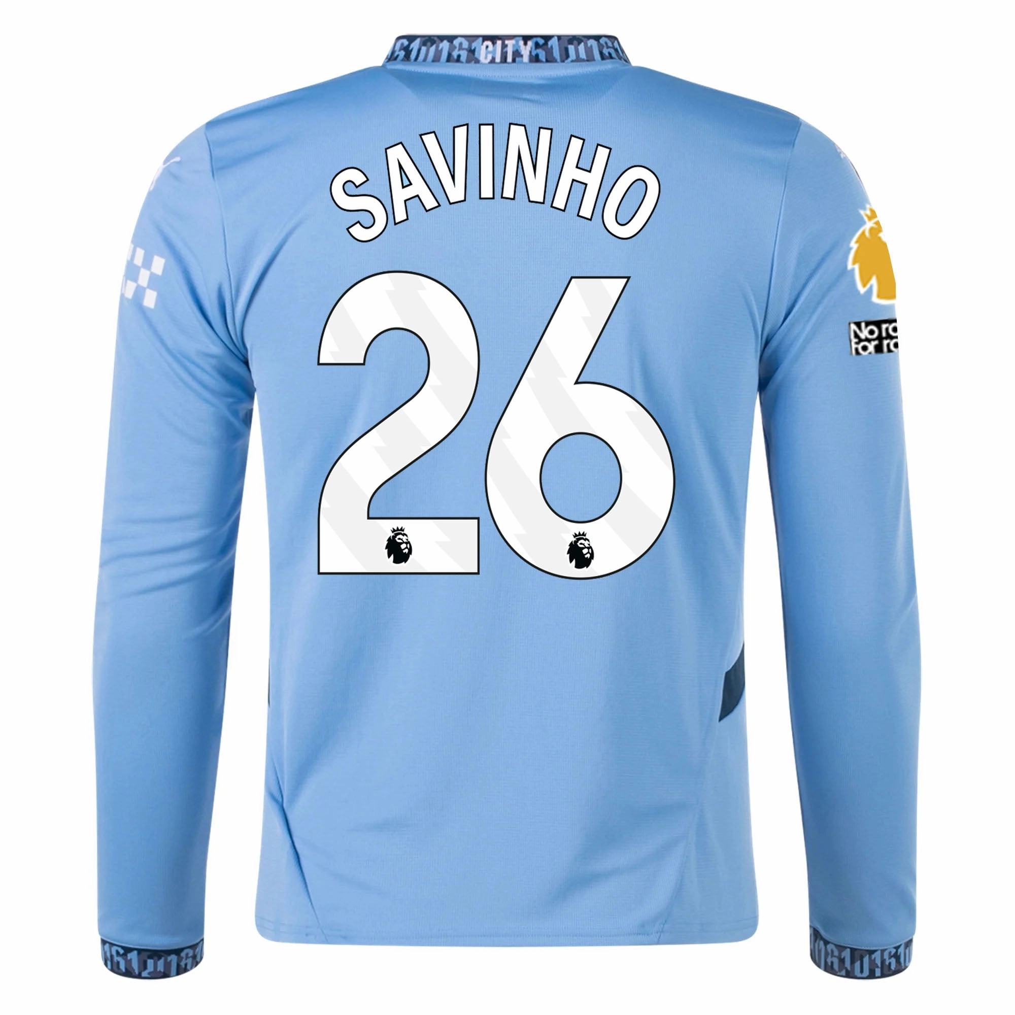 Modern Look Puma Manchester City Savinho Home Long Sleeve Jersey w/ EPL   No Room For Racism Patch 24/25 (Team Light/Marine Blue)