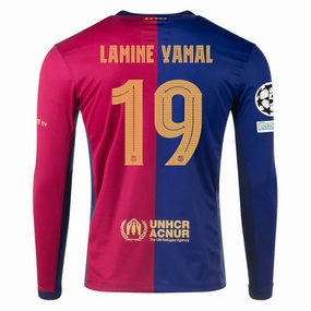 Nike Barcelona Home Lamine Yamal Long Sleeve Jersey w/ Champions League Patches 24/25 (Royal/Nobel Red/Club Gold) Fresh Comfort