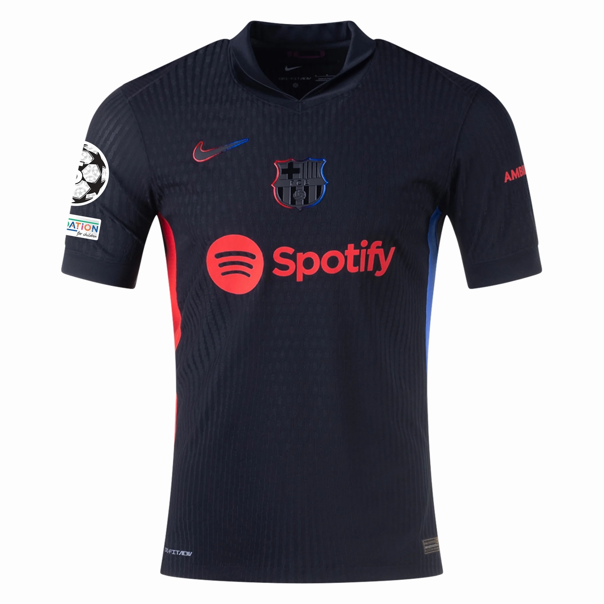 Heat Zone Fit Nike Barcelona Authentic Frenkie De Jong Away Jersey w/ Champions League Patches 24/25 (Black/University Red/Hyper Royal)