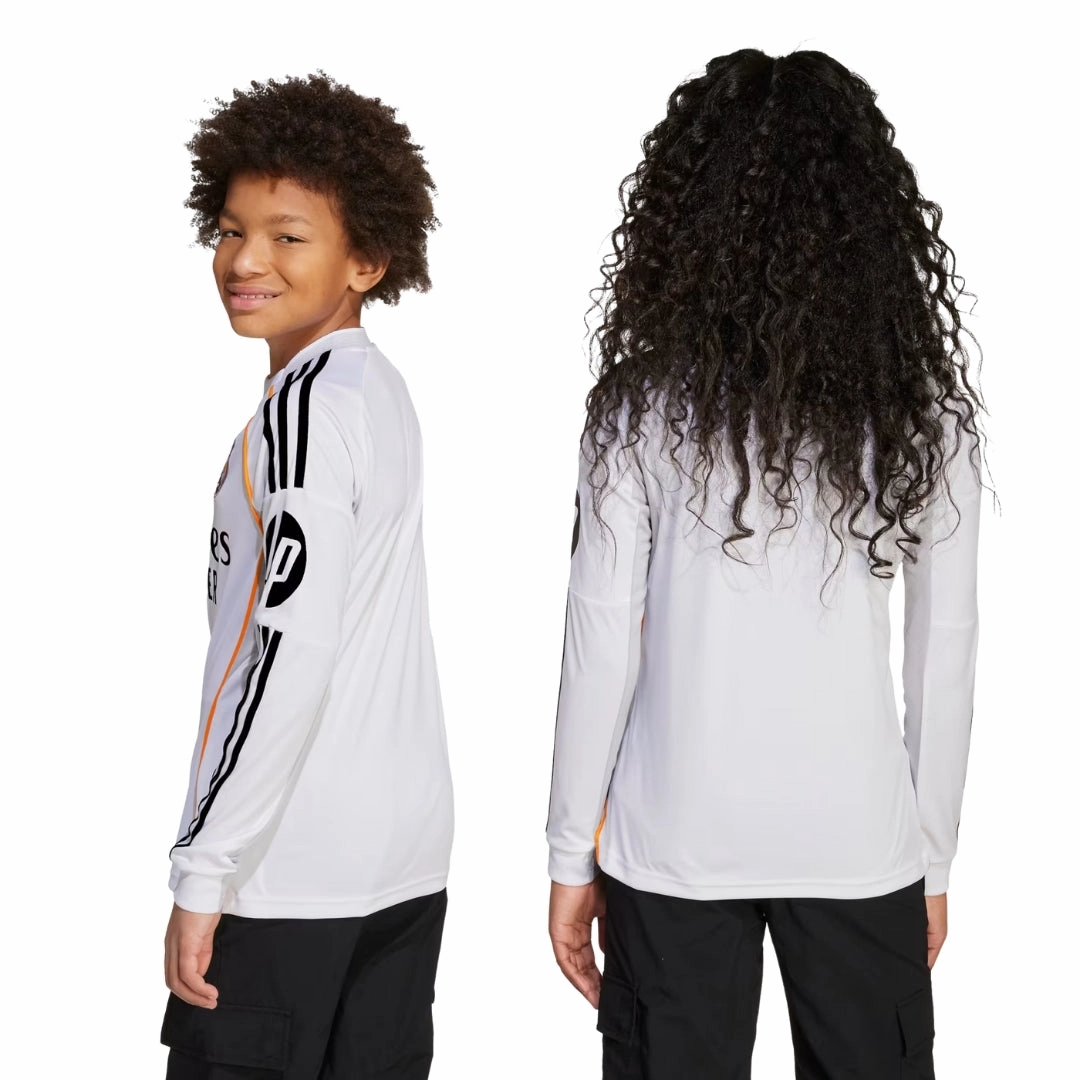 adidas Youth Real Madrid Long Sleeve Home Jersey 25/26 (White) Muscle Friendly Flexible Knit Construction