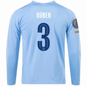 Puma Manchester City Ruben Dias Home Long Sleeve Jersey w/ Champions League   Club World Cup Patches 23/24 (Team Light Blue/Puma White) Tagless Construction Breathable Material