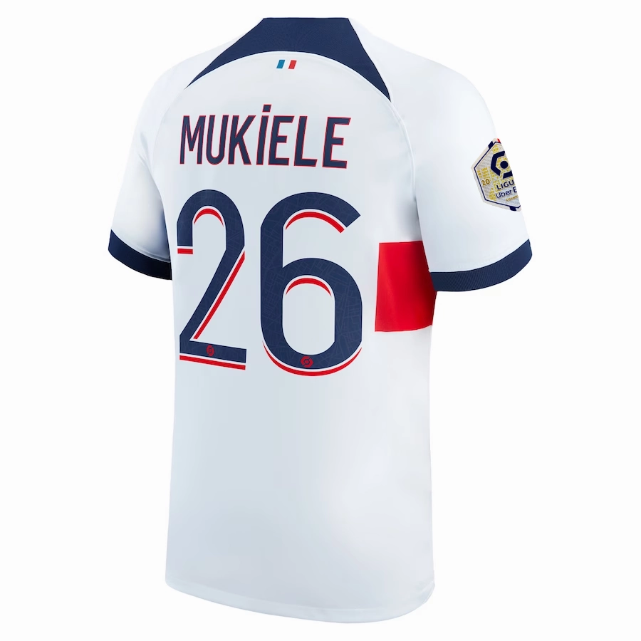 Nike Paris Saint-Germain Nordi Mukiele Away Jersey w/ Ligue 1 Patch 23/24 (White/Midnight Navy) Durable Moisture Management All Purpose