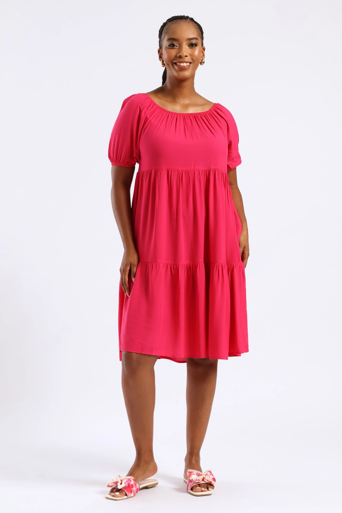 Classic Tailoring Modest Look Tiered Gypsy Mini Dress - Magenta