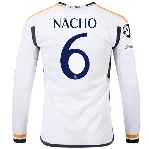 Tagless Label Design Street Style adidas Real Madrid Long Sleeve Nacho Home Jersey w/ Champions League   Club World Cup Patches 23/24 (White)