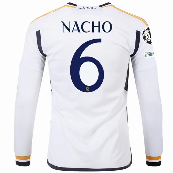 Garment Dyed Colorfastness Contoured Silicone Grippers adidas Real Madrid Long Sleeve Nacho Home Jersey w/ Champions League   Club World Cup Patches 23/24 (White)