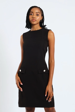 Sophisticated Wear Button Tab Work Dress - Black