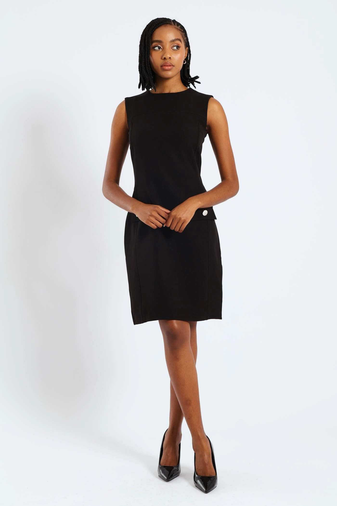 Chic Rhythm Comfortable Touch Button Tab Work Dress - Black