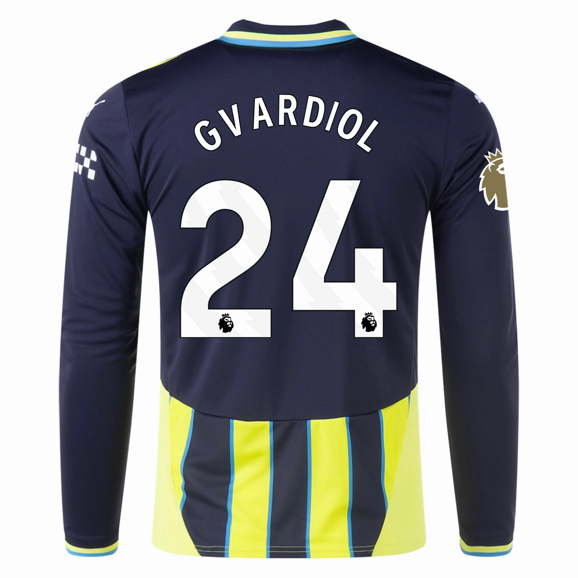 clean look Flexible Collar Design Puma Manchester City Josko Gvardiol Long Sleeve Away Jersey w/ EPL   Club World Cup Patch 24/25 (New Navy/Yellow Glow)