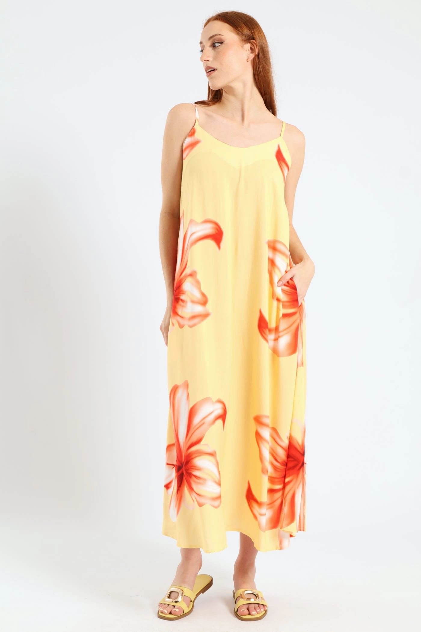 Versatile Style Strappy A-Line Hyper Floral Slip Midi Dress - Light Yellow