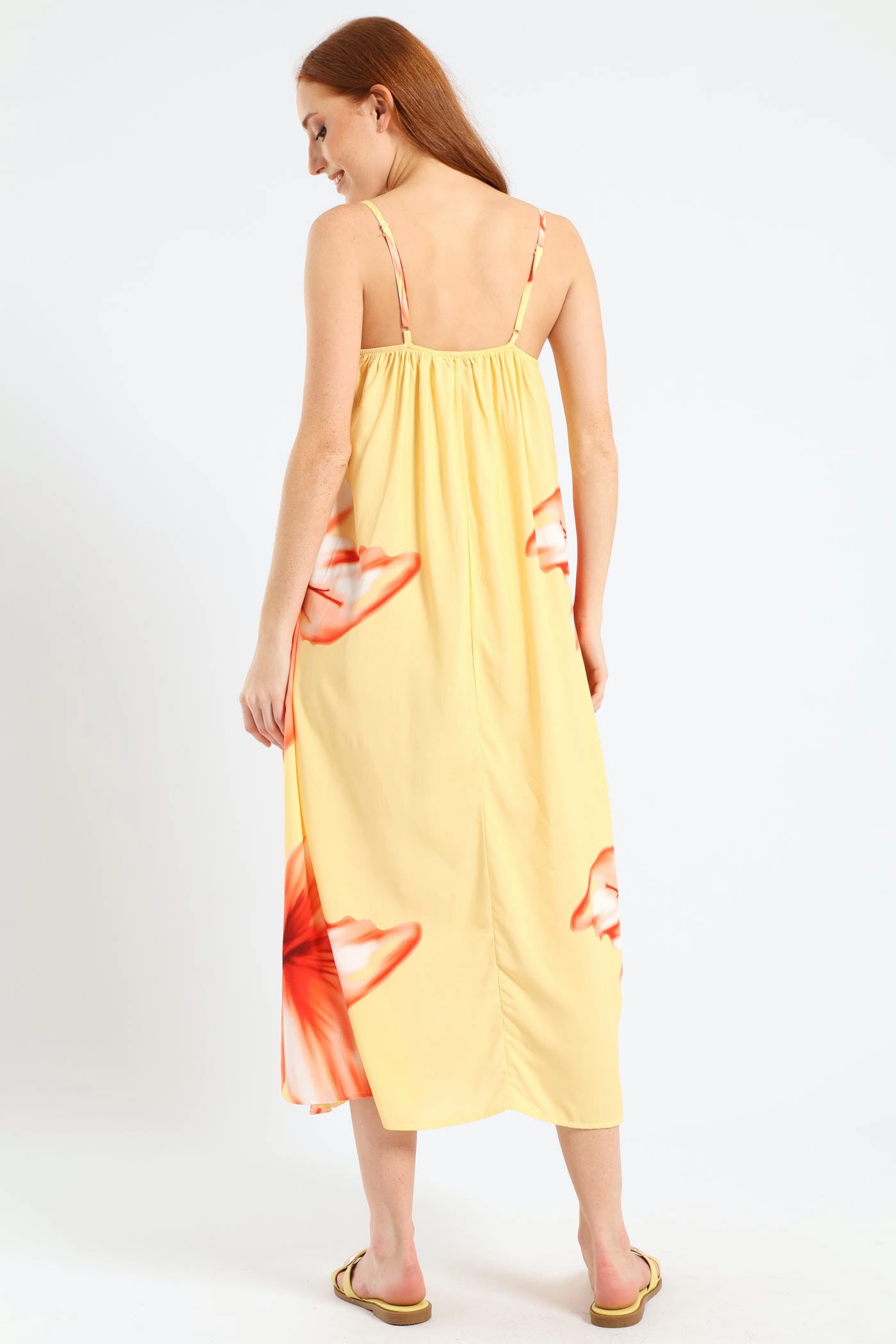 Strappy A-Line Hyper Floral Slip Midi Dress - Light Yellow Sustainable-Lining