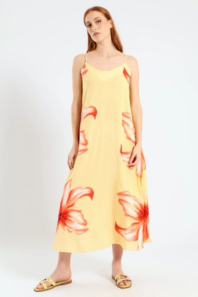 Lunch Date Easy Style Strappy A-Line Hyper Floral Slip Midi Dress - Light Yellow