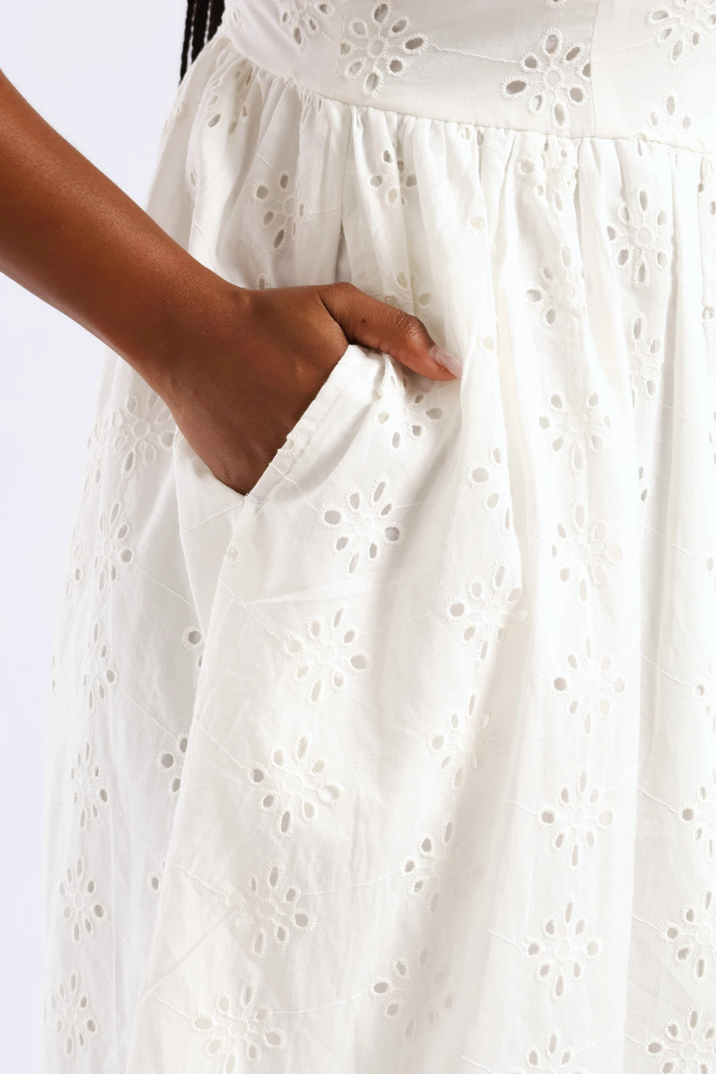 Strappy Babydoll Anglaise Tie-Back Midi Dress - White Minimal Outfit Sleek Outline