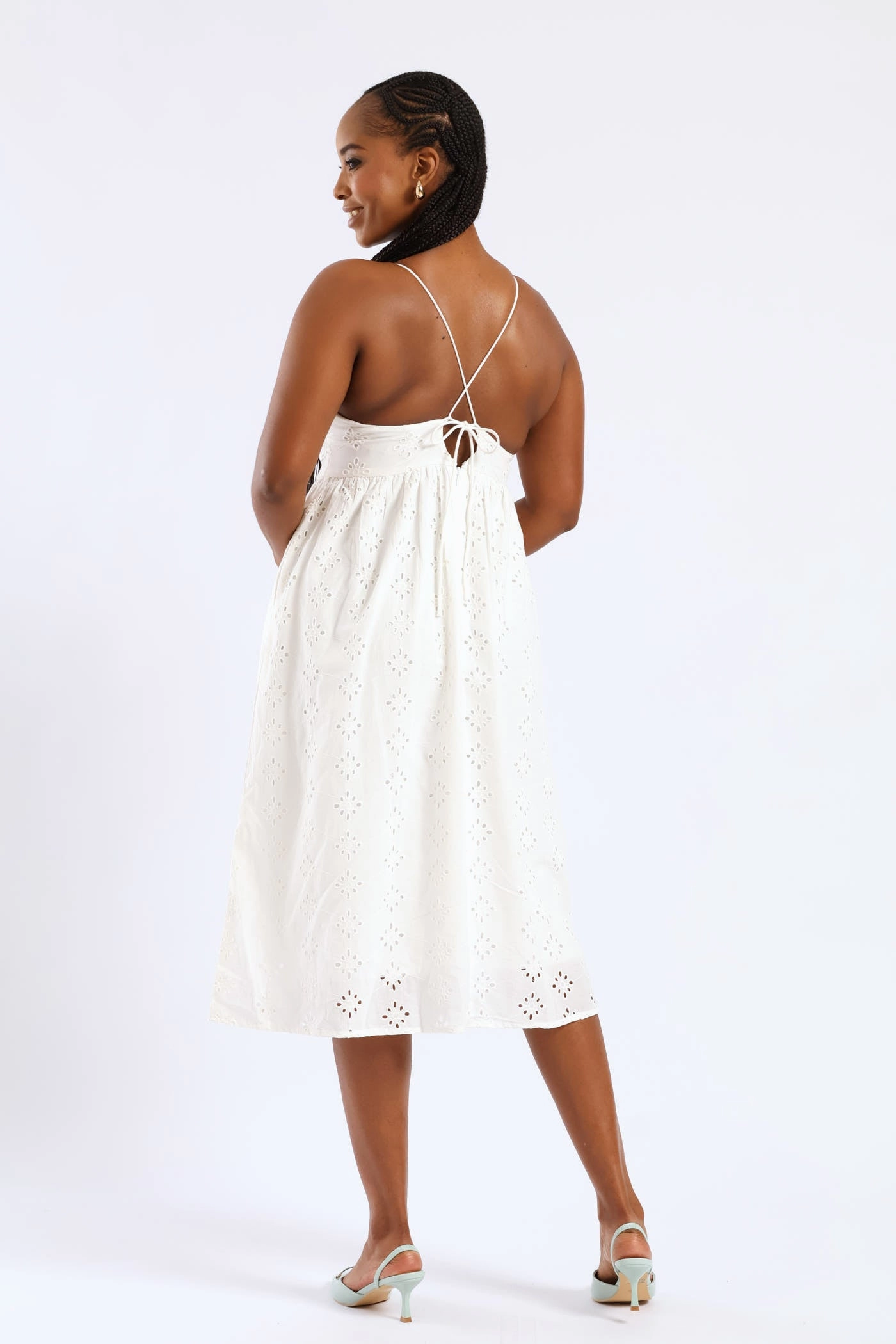 Sophisticated Elegance Strappy Babydoll Anglaise Tie-Back Midi Dress - White