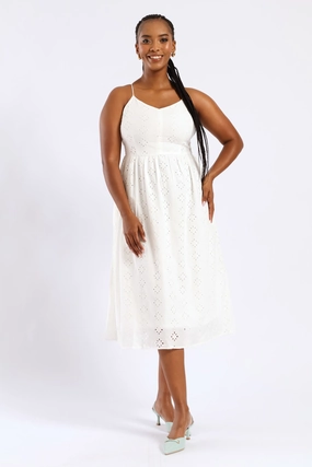 Church Proper Smart Layer Strappy Babydoll Anglaise Tie-Back Midi Dress - White