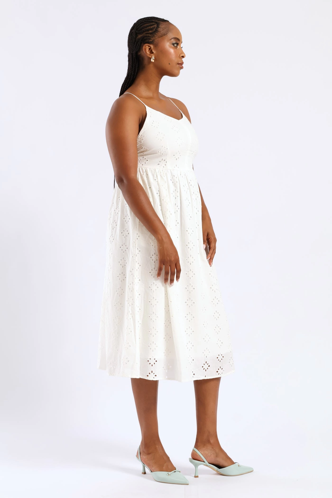 Strappy Babydoll Anglaise Tie-Back Midi Dress - White elegant design Urban Touch