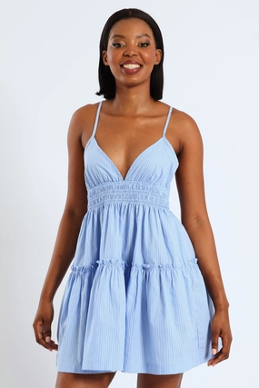 Strappy Babydoll Tiered Dress - Light Blue Side Pleats Day-To-Night Wear