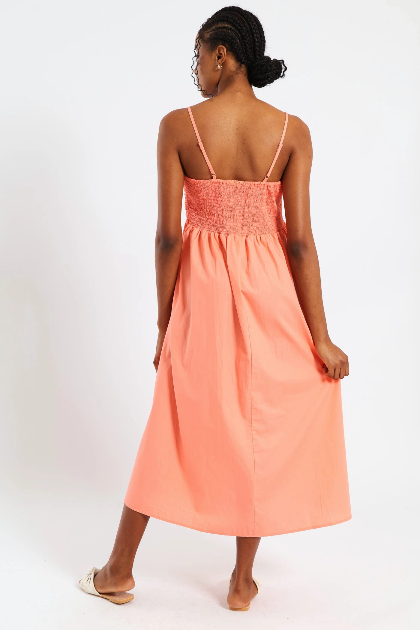 Capsule-Wardrobe Skin Glow Strappy Ruched Bodice Midi Sundress - Light Coral