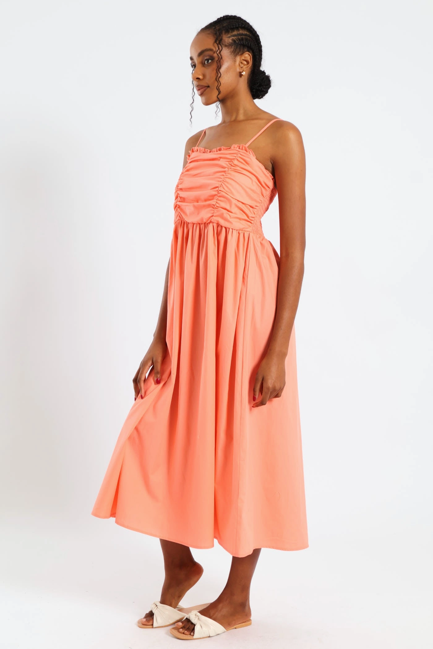 Signature-Style Casual Elegance Strappy Ruched Bodice Midi Sundress - Light Coral