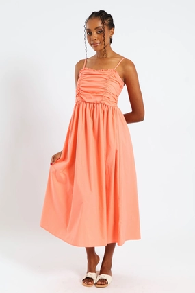 Strappy Ruched Bodice Midi Sundress - Light Coral Dry-Clean-Only Flattering Fit for All