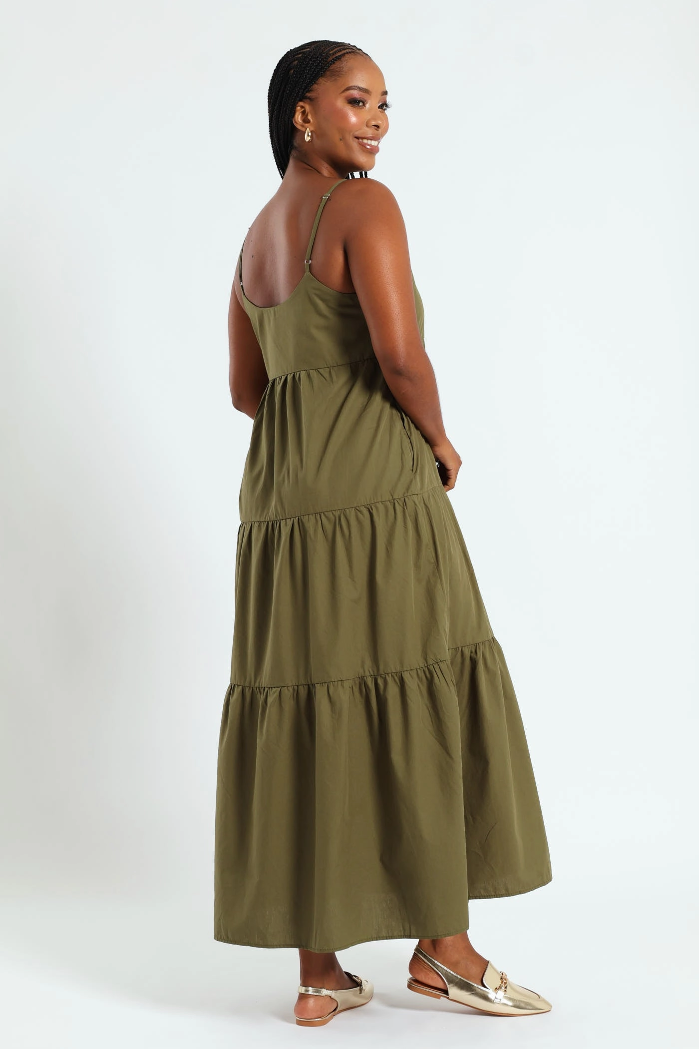 Urban Drape Soft Wear Strappy Tiered Maxi Dress - Fatigue