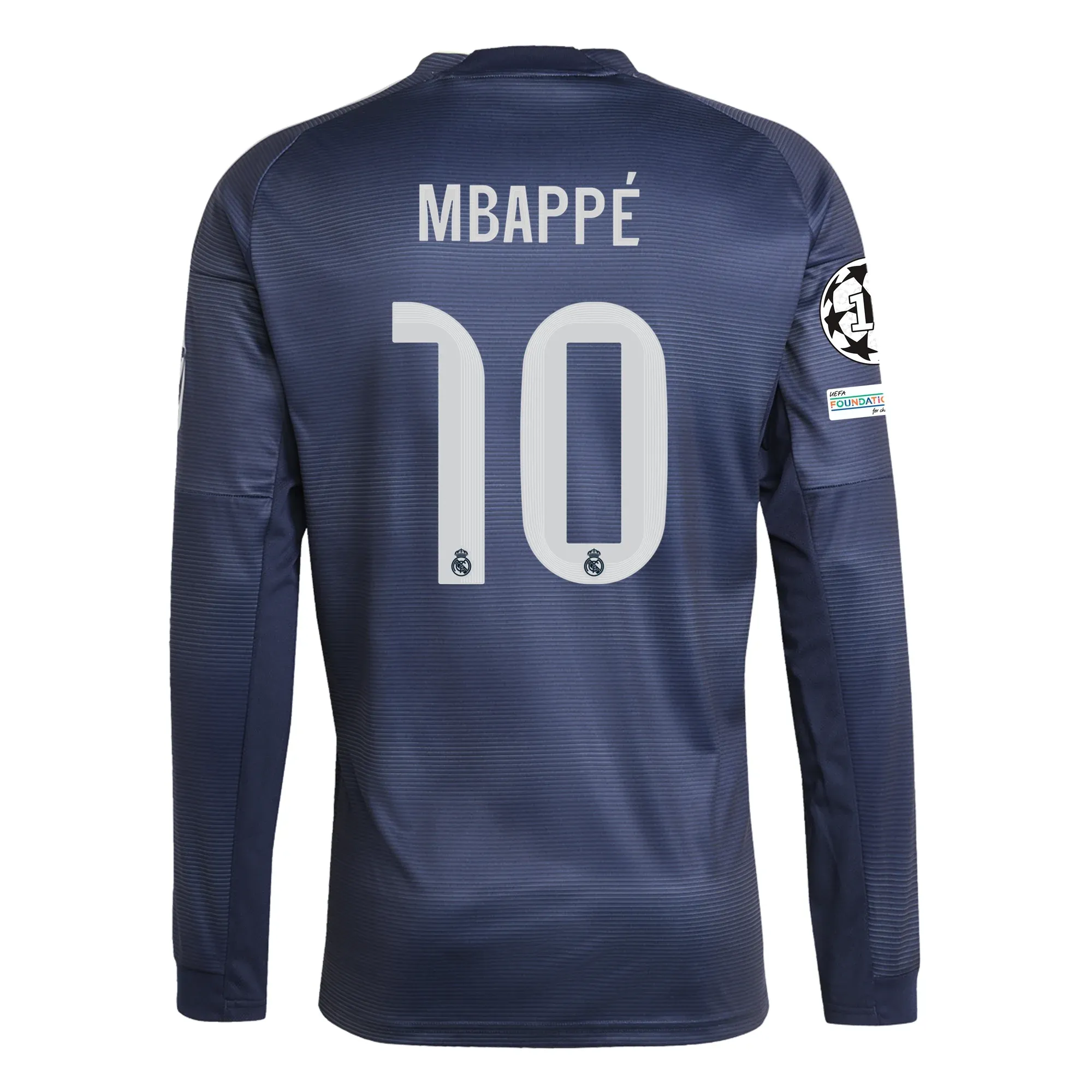 Elasticized Cuffs Reinforced Shoulders adidas Real Madrid Kylian Mbappe Long Sleeve Away Jersey w/ Champions League Patches 25/26 (Legend Ink)