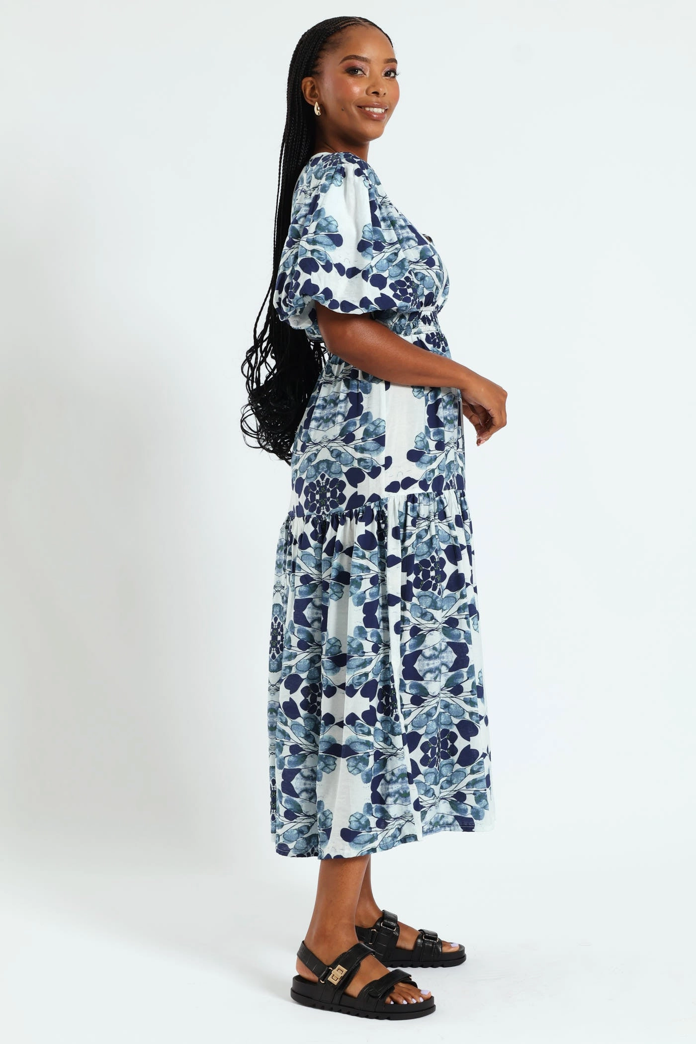 Office Mood Bubble Sleeve V-Neck Tiered Midi Dress - White/Blue