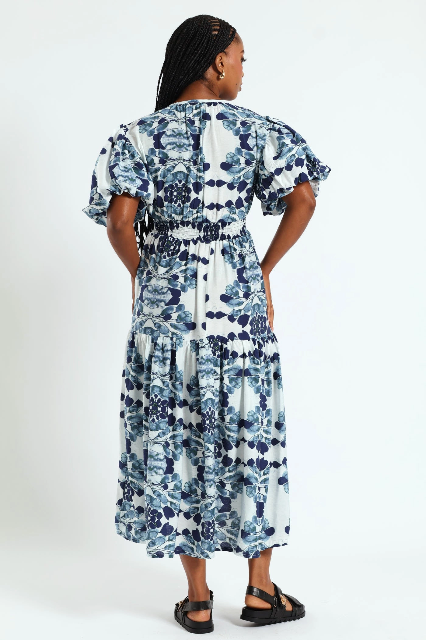 warm tones Pleat Breeze Bubble Sleeve V-Neck Tiered Midi Dress - White/Blue