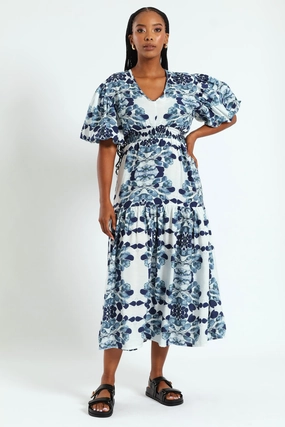 Bubble Sleeve V-Neck Tiered Midi Dress - White/Blue Easy to Wear Clean Fit